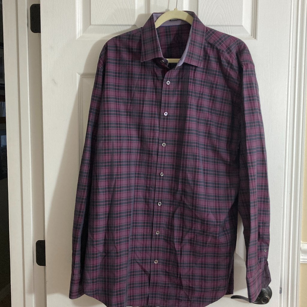 Bugatchi 100% Cotton Classic Fit Dress Shirt Purple Plaid Size Xl